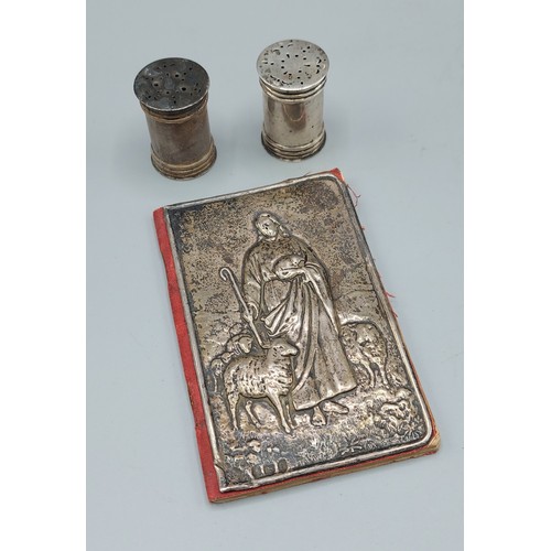 229 - A pair of London silver sanders together with a Brirmingham silver mounted prayer book