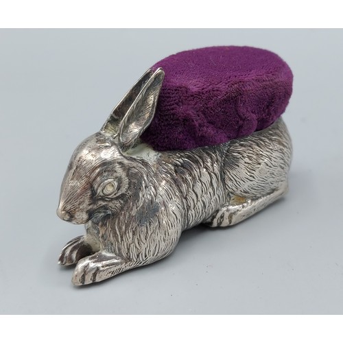 237 - A Birmingham silver pin cushion in the form of a rabbit