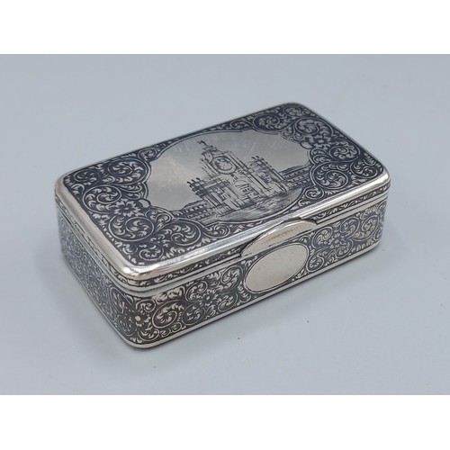 A Russian silver Niello snuff box, the inged cover decorated with a ...