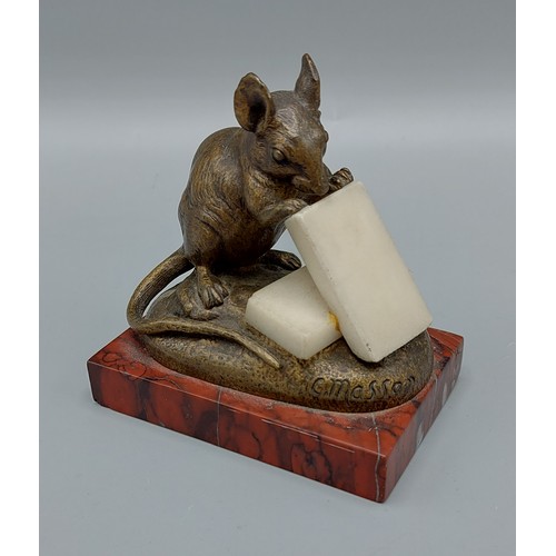 221 - Charles Masson, a sculpture in the form of a mouse with cheese, patinated bronze with rouge marble b... 