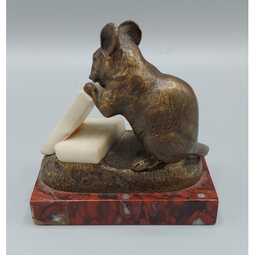 221 - Charles Masson, a sculpture in the form of a mouse with cheese, patinated bronze with rouge marble b... 