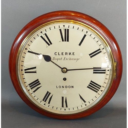 315 - A 19th Century mahogany circular wall clock, the enamel dial inscribed Clerke, Royal Exchange, Londo... 