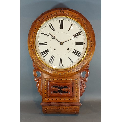 316 - A 19th Century walnut and inlaid drop dial wall clock, 68cms tall