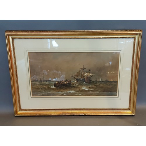 50 - Thomas Bush Hardy, shipping scene with figures in a rowing boat before ships in a rough sea, signed ... 