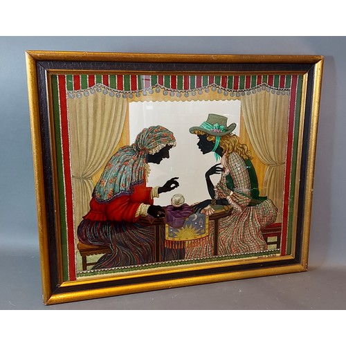 63 - Doris Griggs, The Fortune Teller, reverse painting on glass, signed, 39cms x 49.5cms