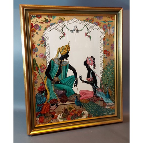 64 - Doris Griggs, Sheherazade, with figures and Peacocks in an interior, reverse painting on glass, sign... 