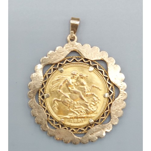 97 - A Victorian full gold Sovereign dated 1891 within 9ct gold pendant mount, 11.3gms inclusive