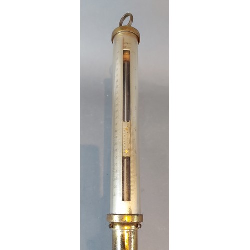 342 - A 19th Century brass ships stick barometer thermometer, with gimble mount, 94cms long