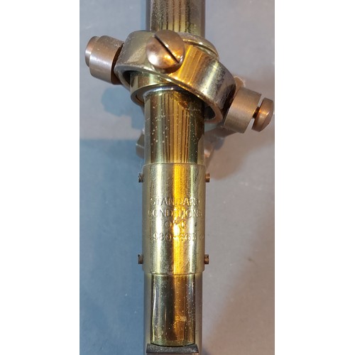 342 - A 19th Century brass ships stick barometer thermometer, with gimble mount, 94cms long