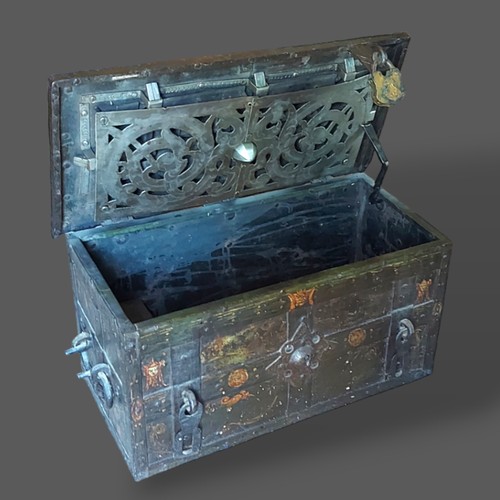 417 - An 18th Century iron and painted Armada chest with key and side carrying handles, probably German, 7... 