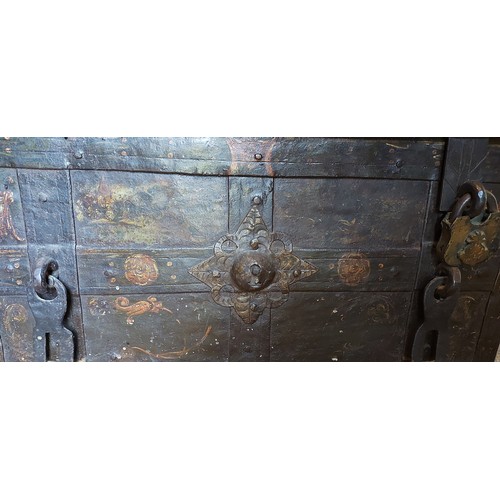 417 - An 18th Century iron and painted Armada chest with key and side carrying handles, probably German, 7... 