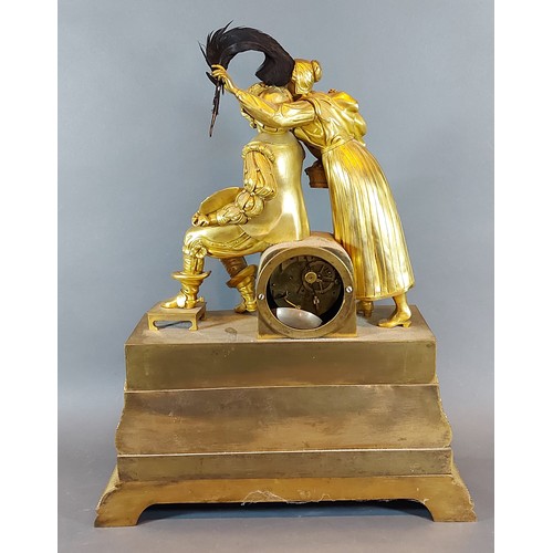 343 - A 19th Century French Ormolu mantle clock with two figures, 'The Artists', the silvered dial with tw... 