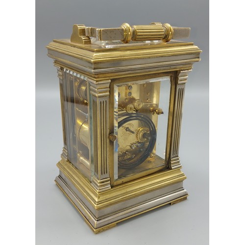 348 - A late 19th or early 20th Century French brass and silvered carriage clock, the painted enamel dial ... 