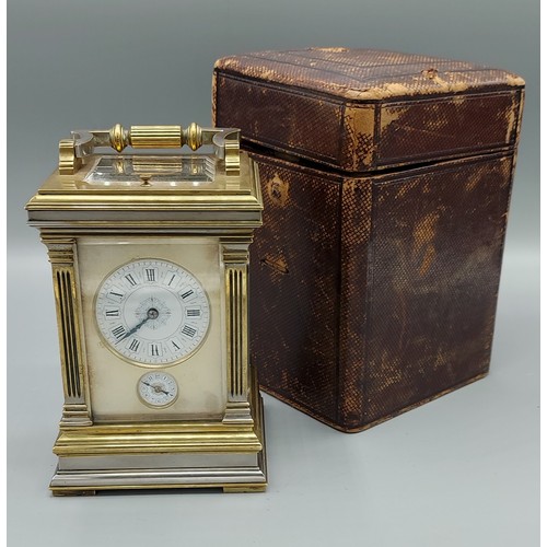 348 - A late 19th or early 20th Century French brass and silvered carriage clock, the painted enamel dial ... 