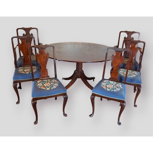 432 - A set of six dining chairs with vase splat backs above an upholstered seat raised upon shell carved ... 