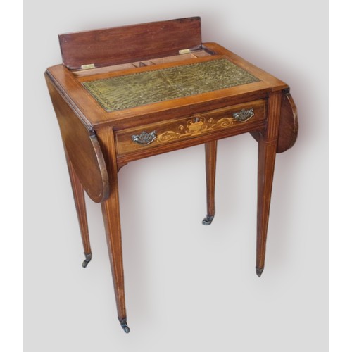 448 - An Edwardian mahogany and Marquetry inlaid ladies writing desk, the kidney shaped drop flap top with... 