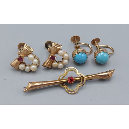 1230 - A pair of 9ct gold ruby and pearl set earrings together with another pair of 9ct gold earrings set w... 