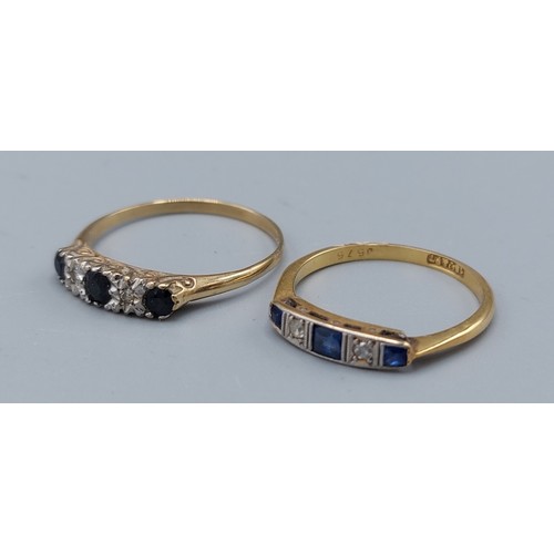 1640 - An 18ct gold ring set with three sapphire and two diamonds, 1.9gms, ring size M together with a simi... 