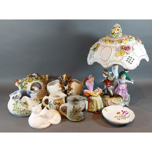 2 - A Dresden porcelain table lamp of figural form together with a collection of ceramics