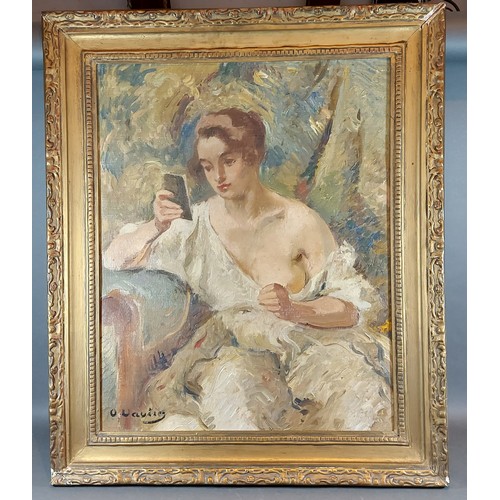 90 - Otto Vautier, study of a seated lady wearing period dress in a garden setting, oil on canvas, signed... 