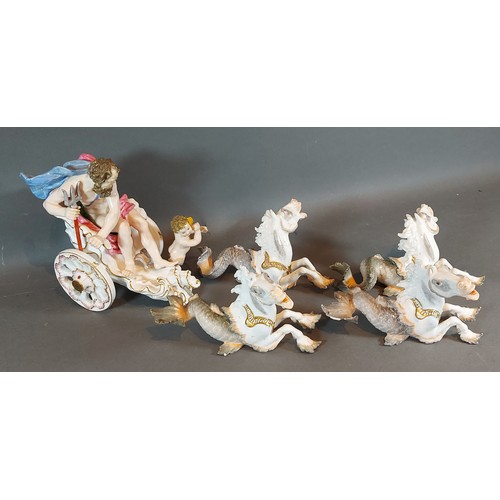 67 - PLEASE COLLECT.  A Meissen porcelain group in the form of Neptune and Putti in a chariot with four s... 