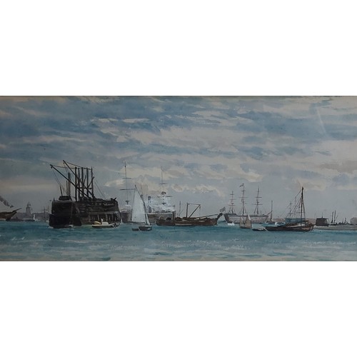 94 - Attributed to Eduardo De Martino, HMS Victory in Portsmouth harbour, watercolour, unsigned, 13cms x ... 