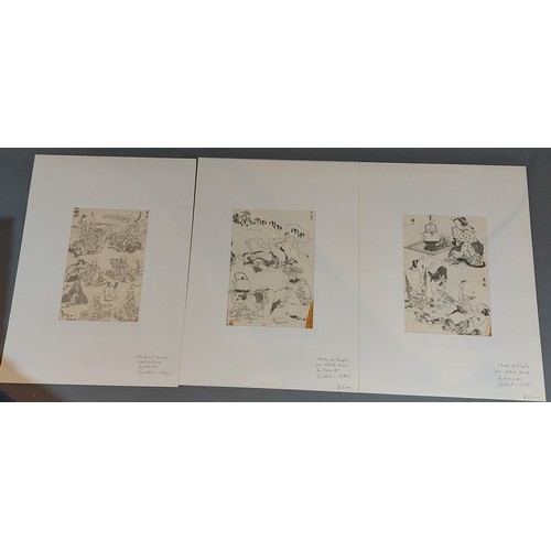 103 - Hokusai, a group of three 19th Century woodblock prints, studies of people, 20cms x 14cms, together ... 