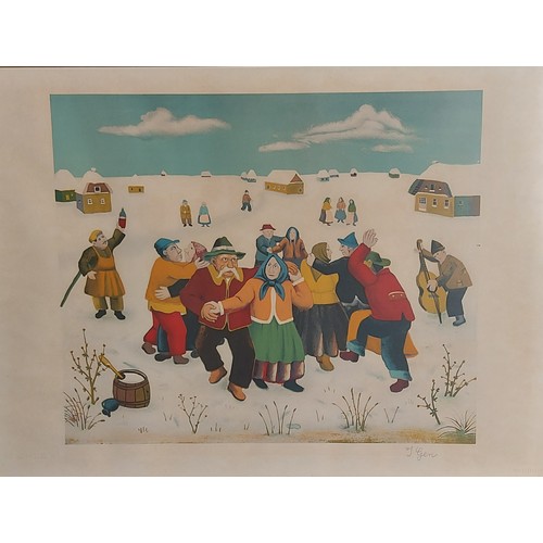 106 - DONATE.  Ivan Generalic, winter scene with figures, signed in pencil, 55cms x 75cms