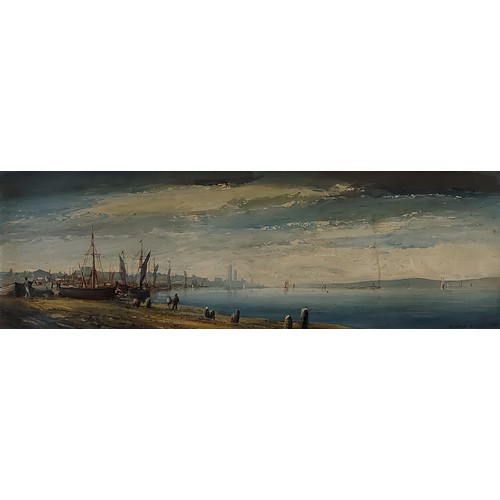 108 - Edward Elliott, coastal scene with figures on a beach with shipping, signed, 91cms x 30cms