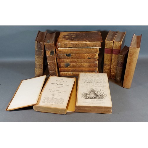 124 - Seven volumes, The Works of Samuel Johnson dated 1806, together with a collection of leather bound b... 