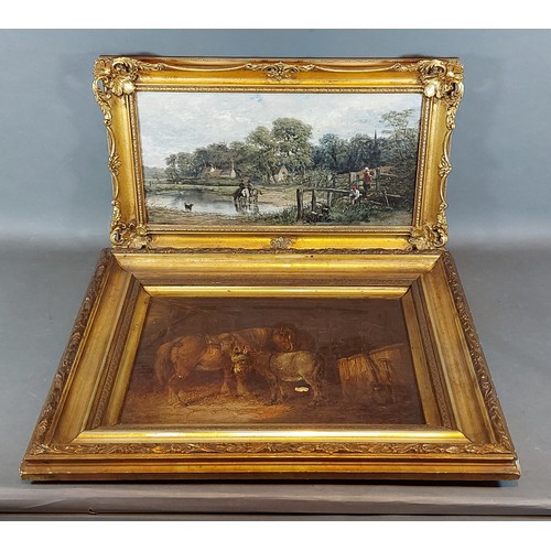 86 - 19th Century English School, rural scene with figures before a Stile, oil on board, 20cms x 40cms to... 