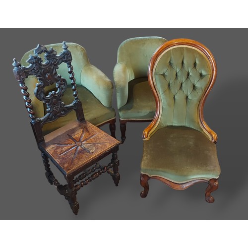 315 - A Victorian walnut drawing room chair together with a pair of tub shaped chairs and an oak hall chai... 