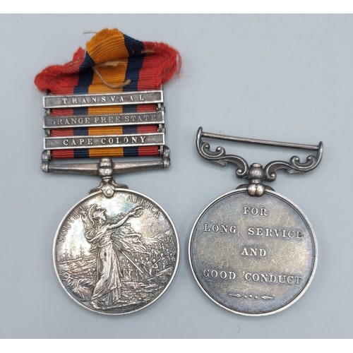 228 - A Queen South Africa war medal awarded to Sargeant J. Smith, Derby regiment with three bars for Tran... 