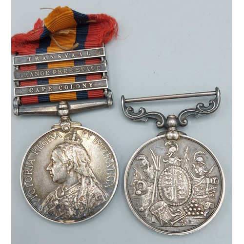 228 - A Queen South Africa war medal awarded to Sargeant J. Smith, Derby regiment with three bars for Tran... 