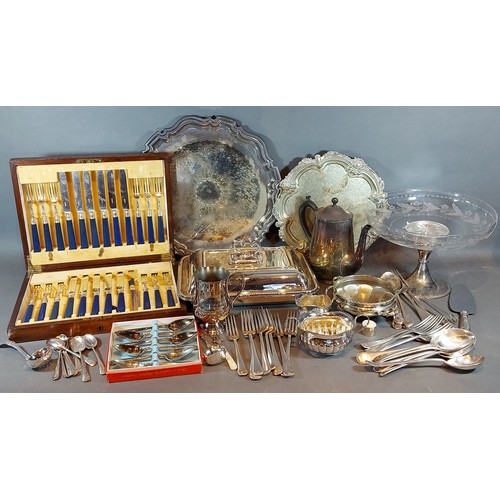 106 - A silver plated entree dish together with other plated items