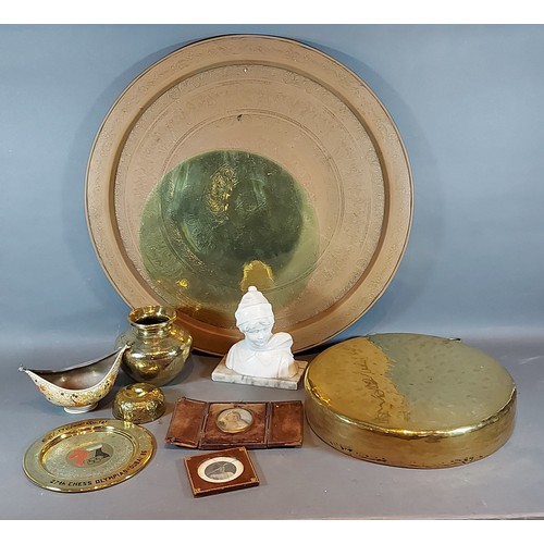 232 - An Alabaster bust of a boy with scarf together with a Kashmir bowl and various metal wares