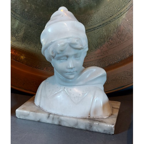 232 - An Alabaster bust of a boy with scarf together with a Kashmir bowl and various metal wares