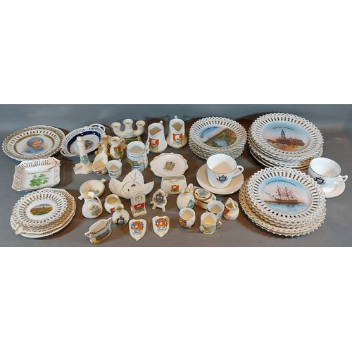 12 - A collection crested china mainly relating to The Isle Of Wight together with a collection of ribbon... 