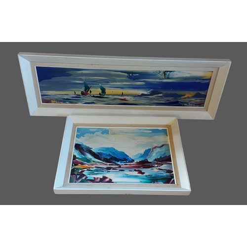 71 - George Richard Deakins, seascape with boats, signed, 23cms x 100cms together with another similar by... 