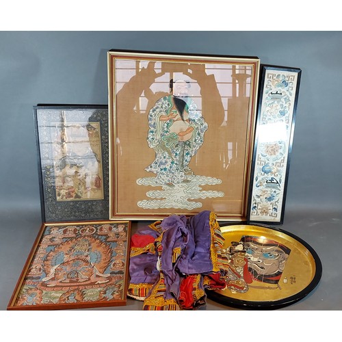 244 - A Chinese embroidery depicting a figure together with a Chinese silk work and other related items