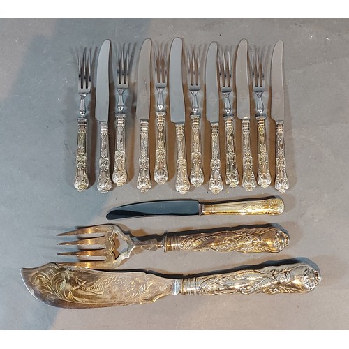 124 - A set of six silver handled cake knives and forks together with a collection of silver plated flat w... 