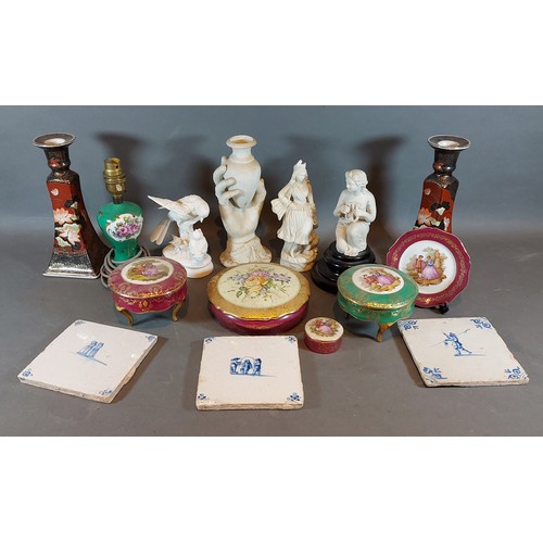 67 - A pair of Imari style candlesticks together with other ceramics to include three Delft tiles