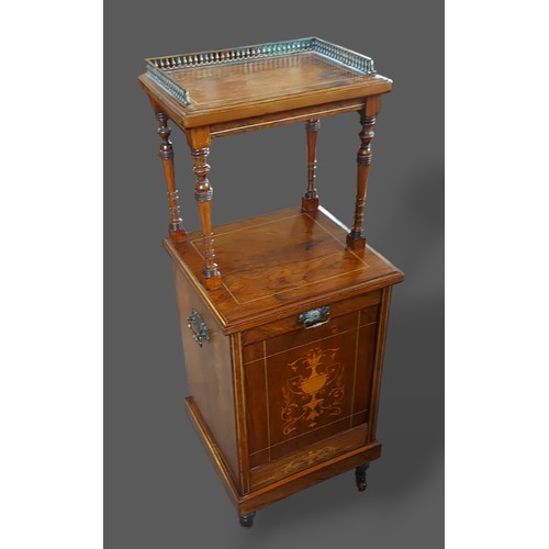 330 - An Edwardian Rosewood and marquetry inlaid side cabinet with a brass galleried top above a fall fron... 