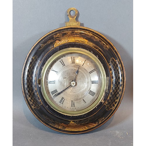 295 - A late 19th or early 20th Century circular sedan clock, the case with Chinoiserie decoration, the si... 