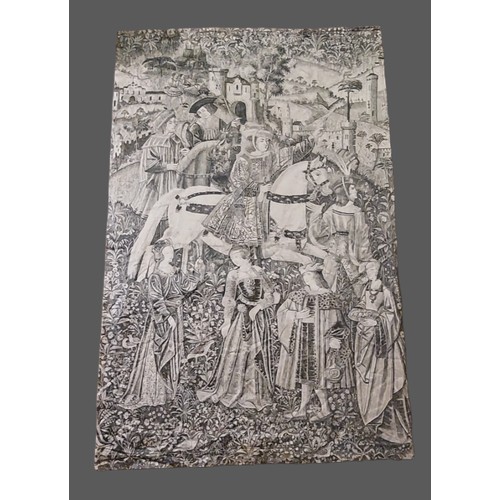 270 - A printed silk wall hanging decorated with classical figures, 120 by 280 cms, together with another ... 