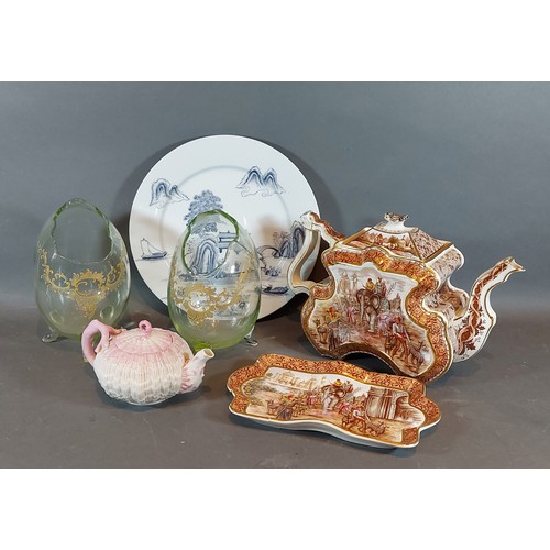 35 - A Victorian teapot together with a Belleek teapot, a pair of glass vases in the form of eggs and a C... 