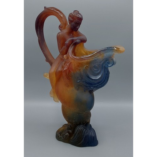 45 - A French Daum Pate De Verre ewer, the spout in the form of a fish with mythical figural handle, 33cm... 