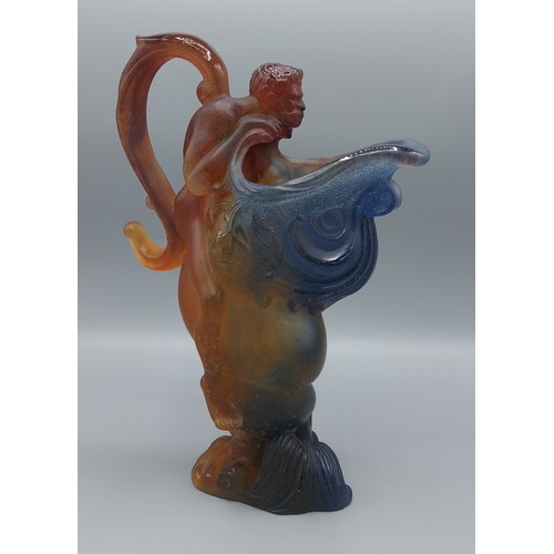 46 - A French Daum Pate De Verre ewer, the spout in the form of a fish with mythical figural handle, 33cm... 