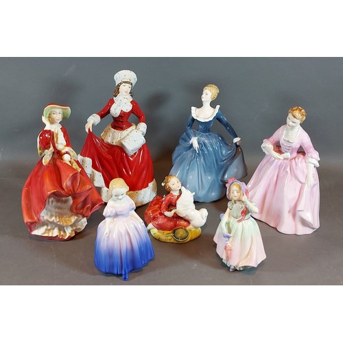 55 - A Royal Doulton figure A Hostess of Williamsburg HN 2209, together with six other Royal Doulton figu... 