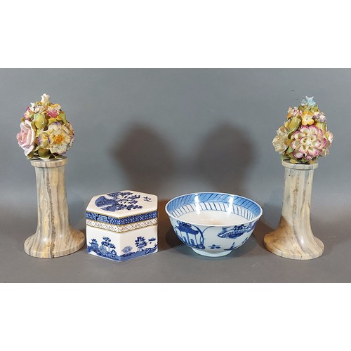 63 - A pair of Trembleuse foliate encrusted ornaments, 20cms tall together with a Chinese bowl and a Will... 